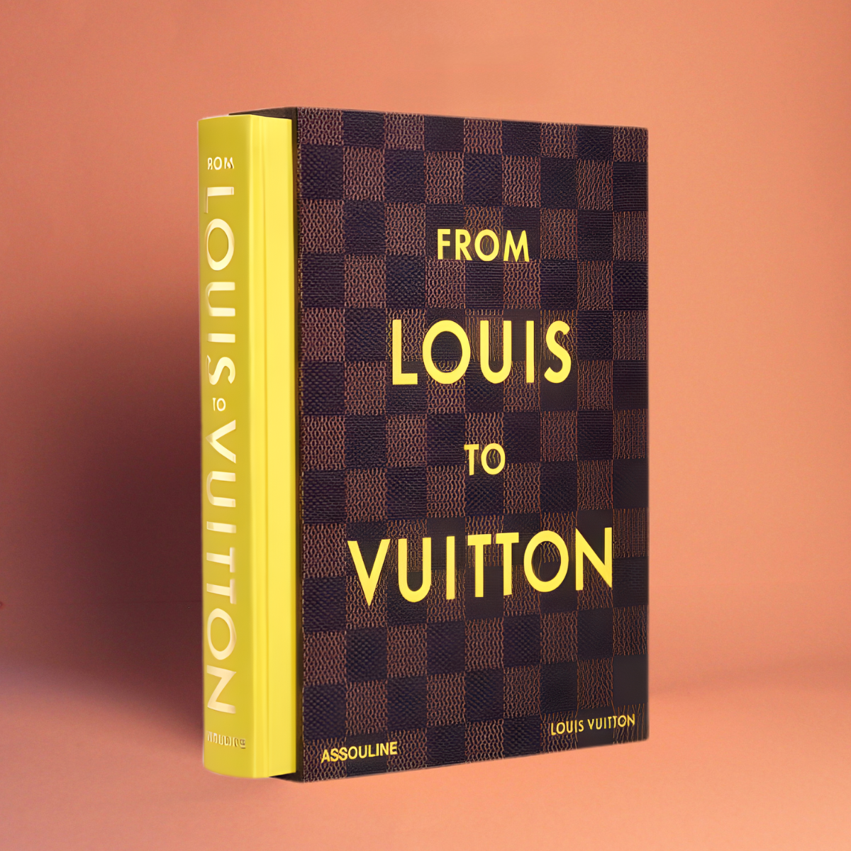 Livro From Louis to Vuitton Assouline (Louis Vuitton) com capa amarela e slipcase Damier à venda na Modern Mood