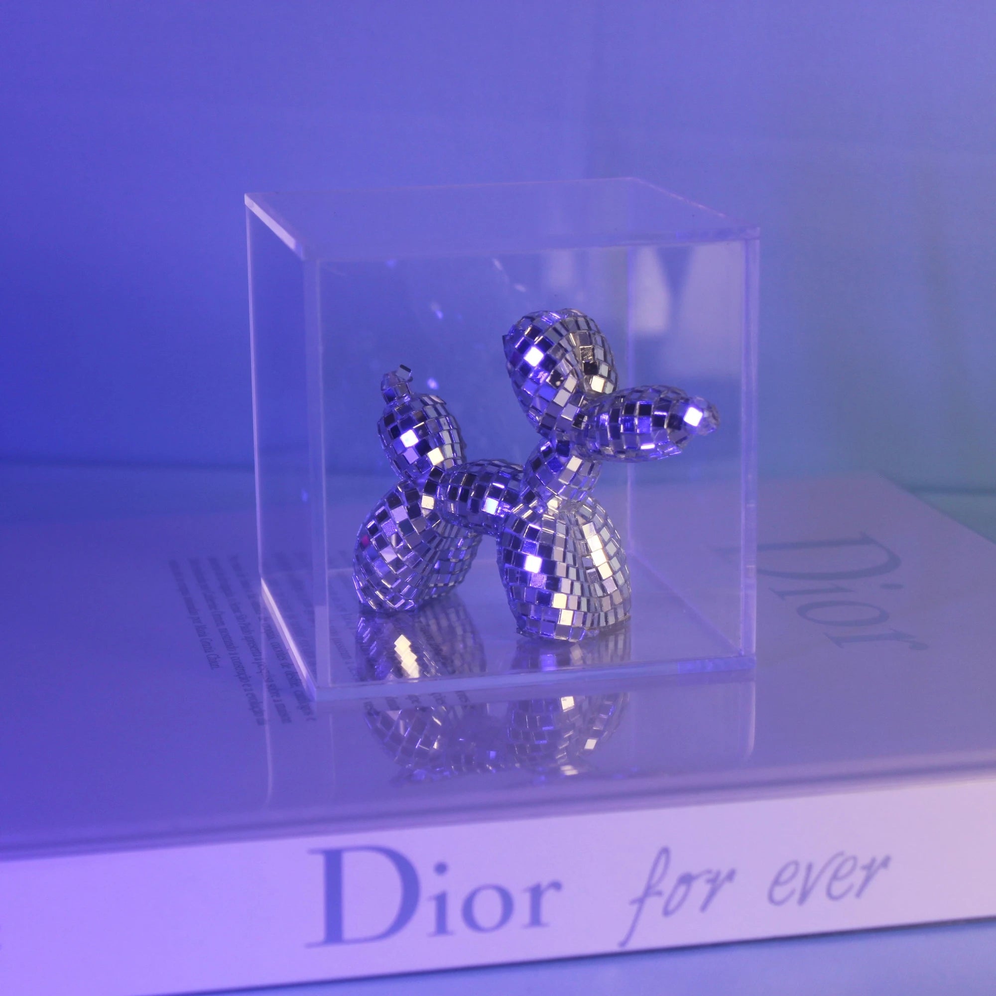 Disco Moodie Balloon Dog espelhado 10x10 cm prata ou rosa, com opção de caixa acrílica estilo galeria [WEBP]