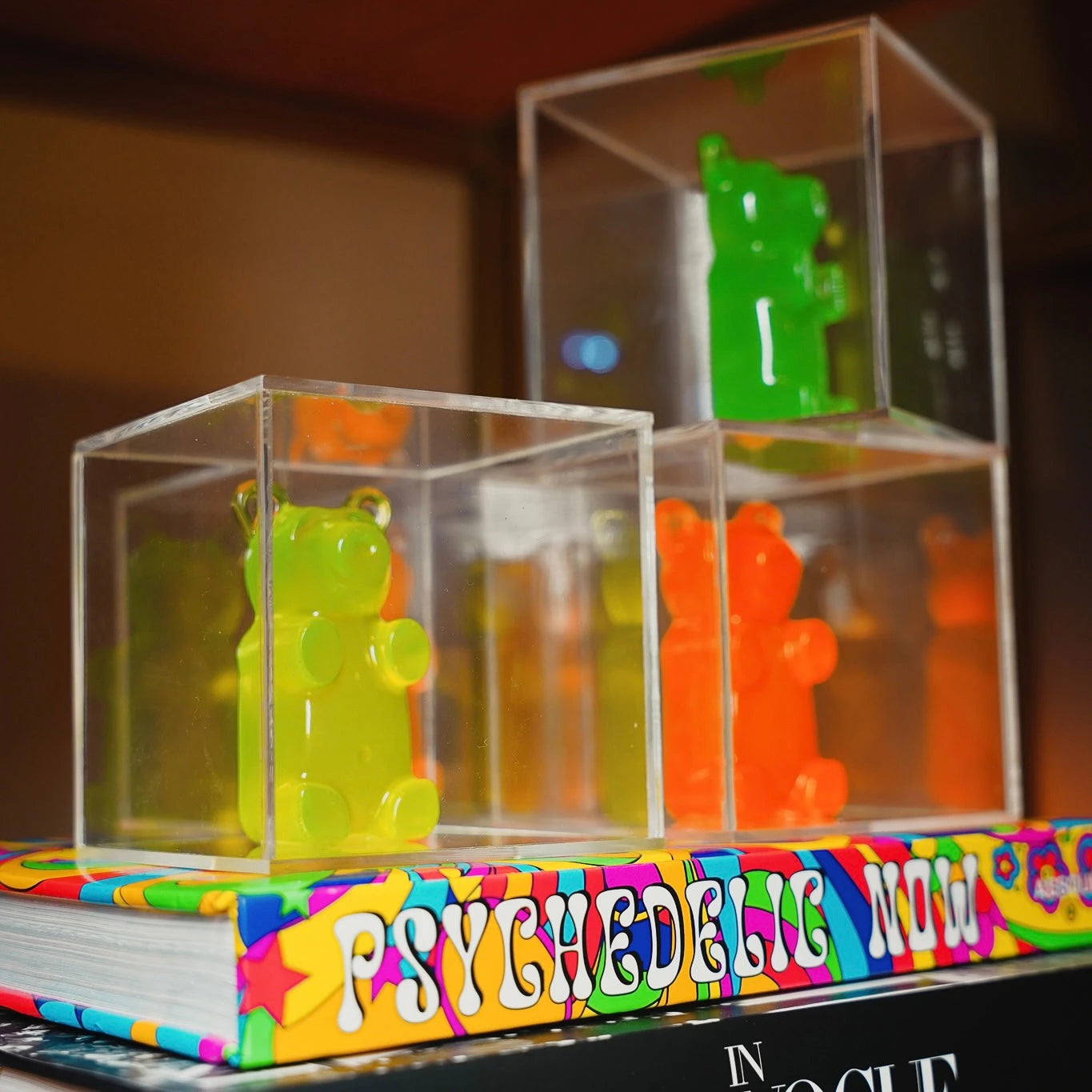 Urso neon Candy Cube em resina na caixa de acrílico 10x10 cm, objeto decorativo autoral Modern Mood [WEBP]